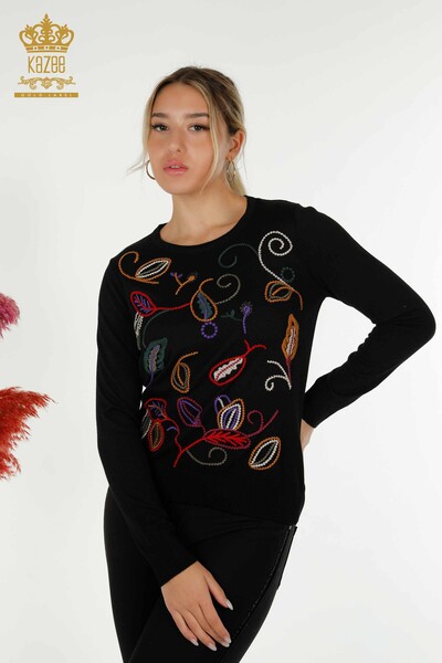 Tricotaj cu ridicata pentru femei Pulover negru cu model de broderie - 30652 | KAZEE - Thumbnail