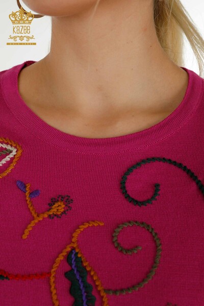 Pulover de tricotaje pentru femei cu ridicata - cu model de broderie - fucsia - 30652 | KAZEE - Thumbnail