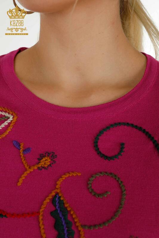 Pulover de tricotaje pentru femei cu ridicata - cu model de broderie - fucsia - 30652 | KAZEE