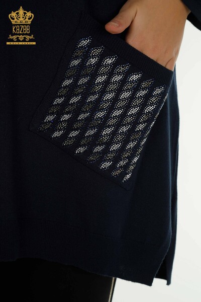 Pulover de tricotaj pentru femei cu ridicata - Buzunar Detaliat - Bleumarin - 30591 | KAZEE - Thumbnail