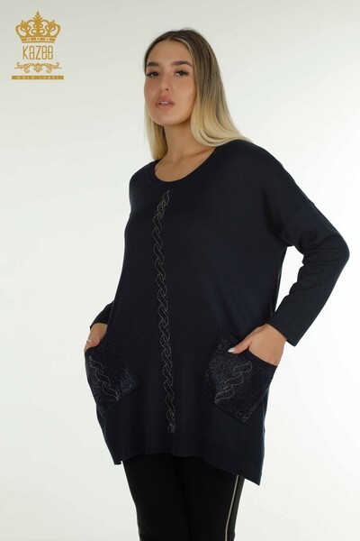 Pulover de tricotaj pentru femei cu ridicata - Buzunar Detaliat - Bleumarin - 30622 | KAZEE - Thumbnail