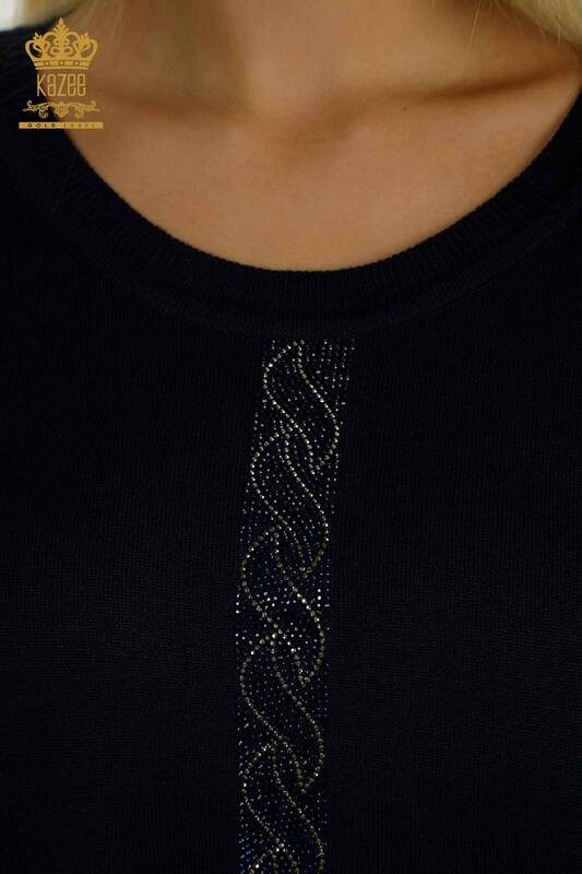 Pulover de tricotaj pentru femei cu ridicata - Buzunar Detaliat - Bleumarin - 30622 | KAZEE