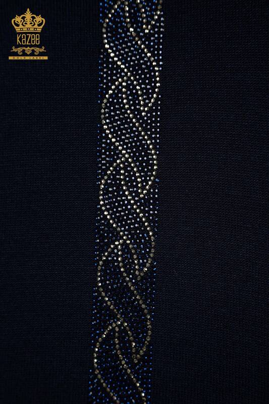 Pulover de tricotaj pentru femei cu ridicata - Buzunar Detaliat - Bleumarin - 30622 | KAZEE