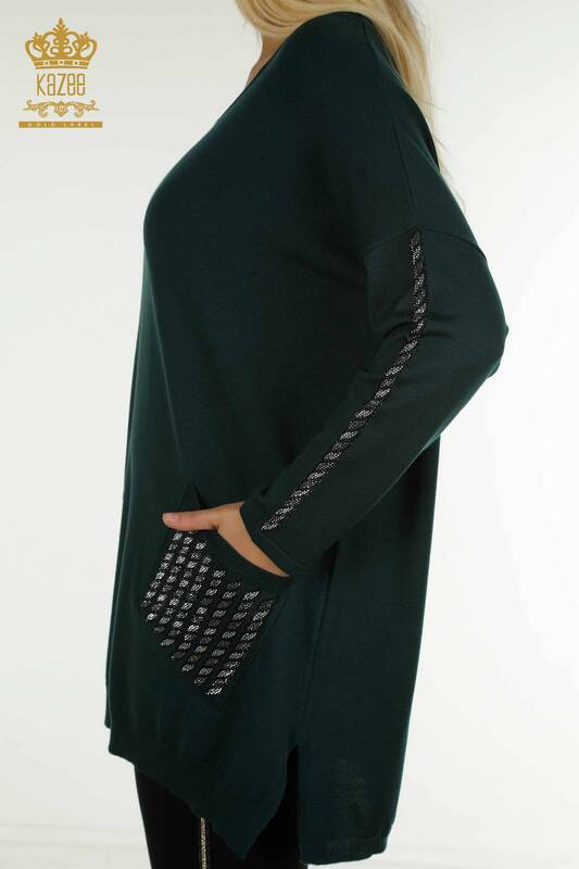 Pulover de tricotaj pentru femei cu ridicata - Buzunar detaliat - Nefti - 30591 | KAZEE