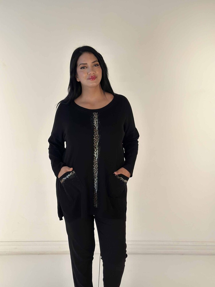 Tricotaj de damă cu ridicata Pulover Buzunar Detaliat cu piatră brodat cu model leopard gât negru - 30621 | KAZEE - 1