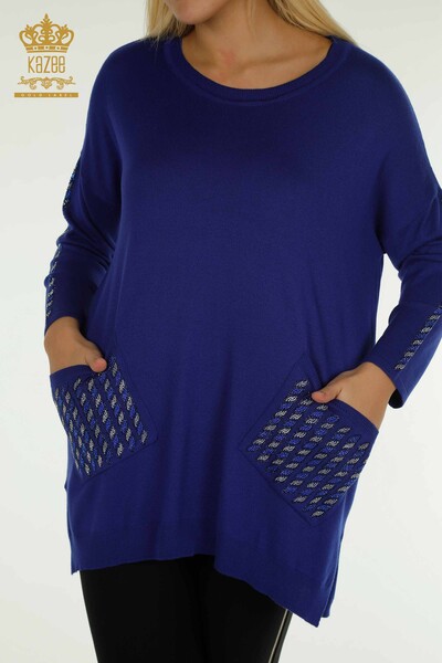 Pulover de tricotaj pentru femei cu ridicata - Buzunar detaliat - Saks - 30591 | KAZEE - Thumbnail