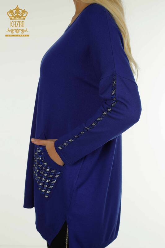 Pulover de tricotaj pentru femei cu ridicata - Buzunar detaliat - Saks - 30591 | KAZEE