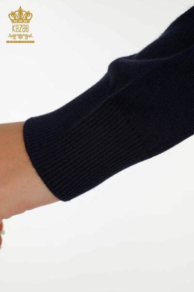 Pulover de tricotaj pentru damă cu ridicata - Broderie colorată - Bleumarin - 30147 | KAZEE - Thumbnail