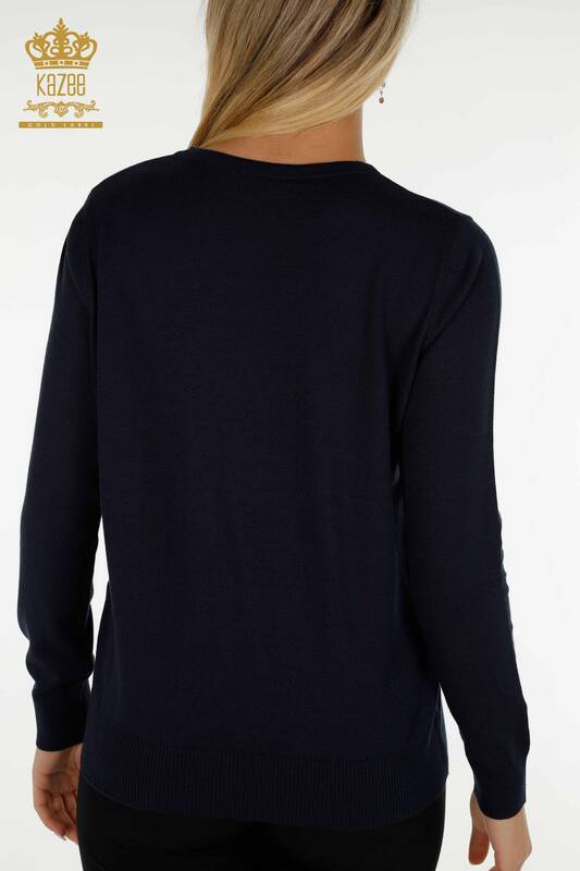 Pulover de tricotaj pentru damă cu ridicata - Broderie colorată - Bleumarin - 30147 | KAZEE