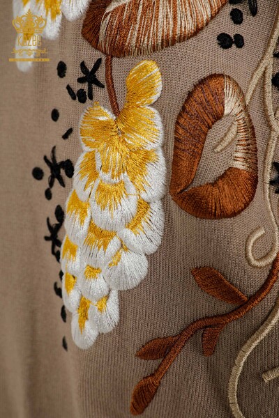 Pulover de tricotaj de damă cu ridicata - Colorat Floral Brodat - nurcă - 16934 | KAZEE - Thumbnail
