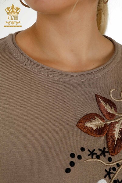 Pulover de tricotaj de damă cu ridicata - Colorat Floral Brodat - nurcă - 16934 | KAZEE - Thumbnail