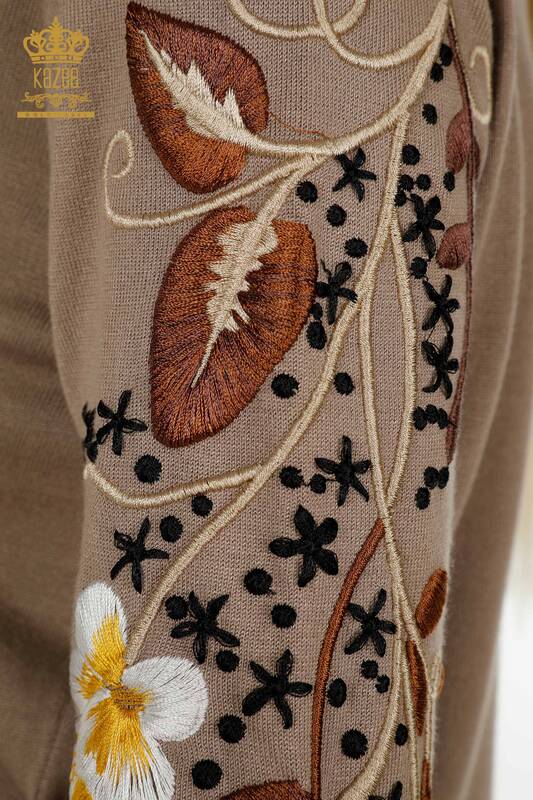 Pulover de tricotaj de damă cu ridicata - Colorat Floral Brodat - nurcă - 16934 | KAZEE