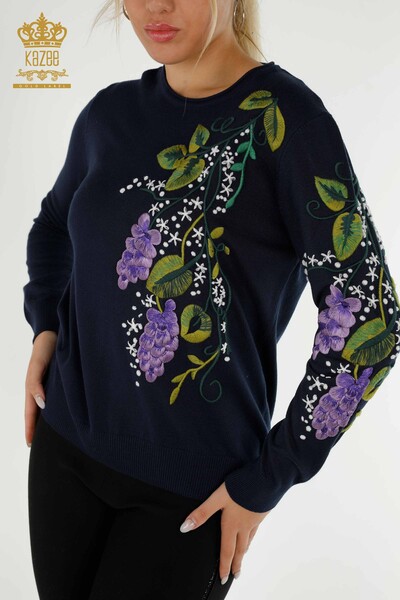 Pulover de tricotaj de damă cu ridicata - Colorat Floral Brodat - Bleumarin - 16934 | KAZEE - Thumbnail