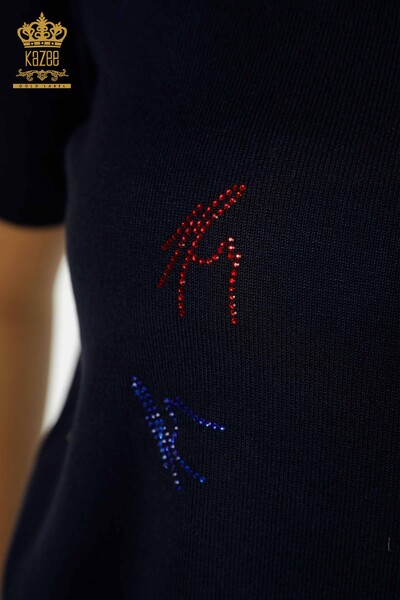 Pulover de tricotaj de damă cu ridicata - Colorat Cu Piatră brodat - bleumarin - 30327 | KAZEE - Thumbnail