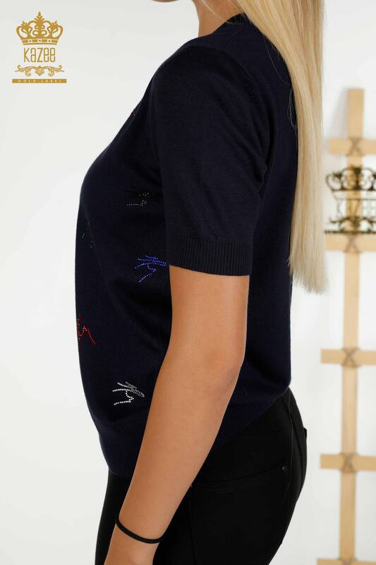 Pulover de tricotaj de damă cu ridicata - Colorat Cu Piatră brodat - bleumarin - 30327 | KAZEE