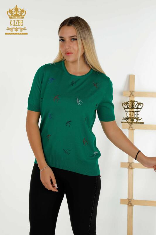 Pulover de tricotaj pentru damă cu ridicata - Colorat - Cu Piatră Brodat - Verde - 30327 | KAZEE