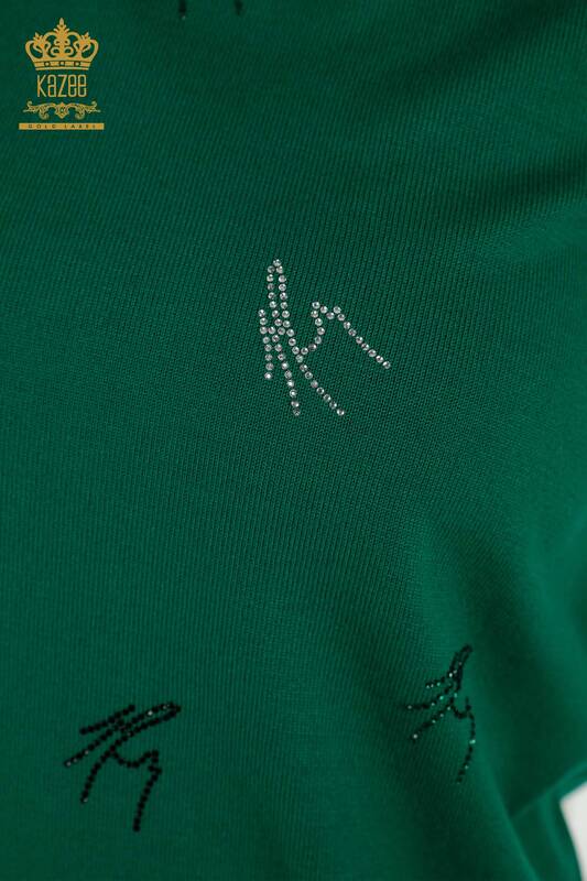 Pulover de tricotaj pentru damă cu ridicata - Colorat - Cu Piatră Brodat - Verde - 30327 | KAZEE