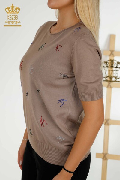 Pulover de tricotaj pentru damă cu ridicata - Colorat Cu Piatră Brodat - nurcă - 30327 | KAZEE - Thumbnail
