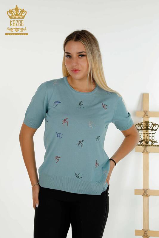 Pulover de tricotaj pentru damă cu ridicata - Colorat - Brodat cu piatră - Mentă - 30327 | KAZEE