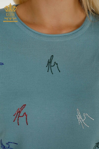 Pulover de tricotaj pentru damă cu ridicata - Colorat - Brodat cu piatră - Mentă - 30327 | KAZEE - Thumbnail