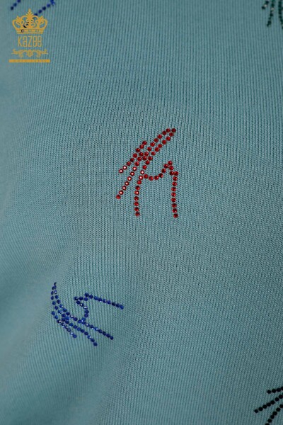 Pulover de tricotaj pentru damă cu ridicata - Colorat - Brodat cu piatră - Mentă - 30327 | KAZEE - Thumbnail