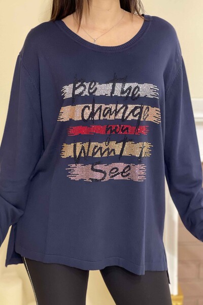 Pulover de tricotaje de damă cu ridicata cu litere brodate cu piatră colorată - 16012 | KAZEE - Thumbnail