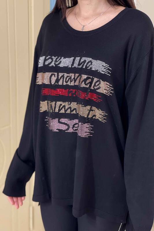 Pulover de tricotaje de damă cu ridicata cu litere brodate cu piatră colorată - 16012 | KAZEE