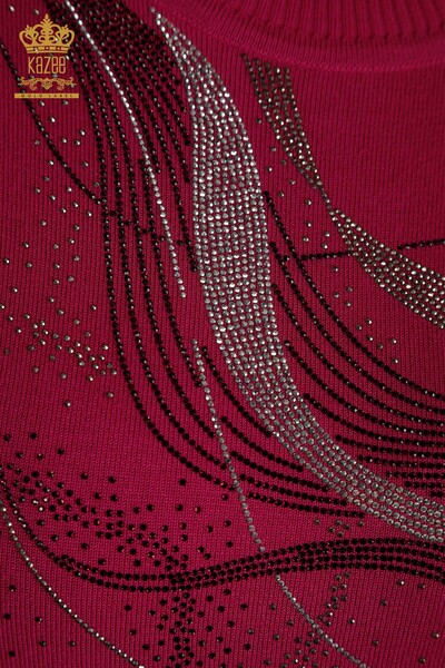 En-gros Tricotaj de damă Pulover - Cristal Pietre brodate - Fucsia - 30469 | KAZEE - Thumbnail