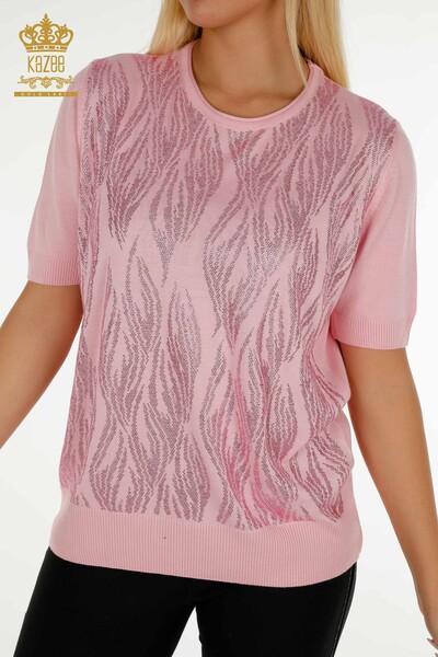 Tricotaj cu ridicata pentru femei Pulover - Cristal Brodat cu piatra - Roz - 30332 | KAZEE - Thumbnail
