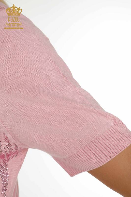 Tricotaj cu ridicata pentru femei Pulover - Cristal Brodat cu piatra - Roz - 30332 | KAZEE