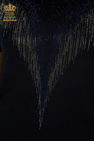 Pulover de tricotaj pentru femei cu ridicata - Cristal - Brodat cu piatra - Bleumarin - 30330 | KAZEE - Thumbnail