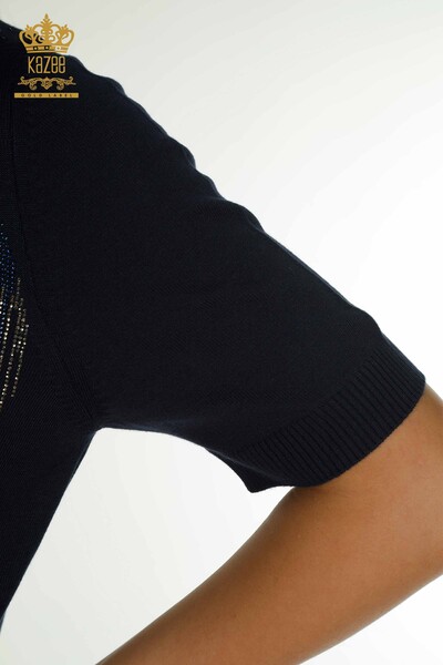 Pulover de tricotaj pentru femei cu ridicata - Cristal - Brodat cu piatra - Bleumarin - 30330 | KAZEE - Thumbnail