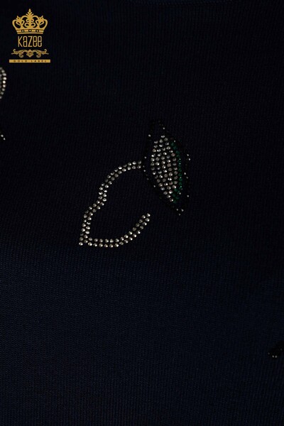 Pulover de tricotaj de damă cu ridicata - Cristal Cu piatră Brodat - Bleumarin - 30467 | KAZEE - Thumbnail