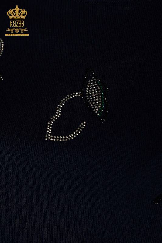 Pulover de tricotaj de damă cu ridicata - Cristal Cu piatră Brodat - Bleumarin - 30467 | KAZEE