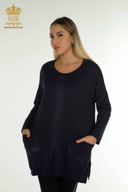 Pulover de tricotaje de damă cu ridicata - Cristal Brodat cu piatră - Bleumarin - 30602 | KAZEE