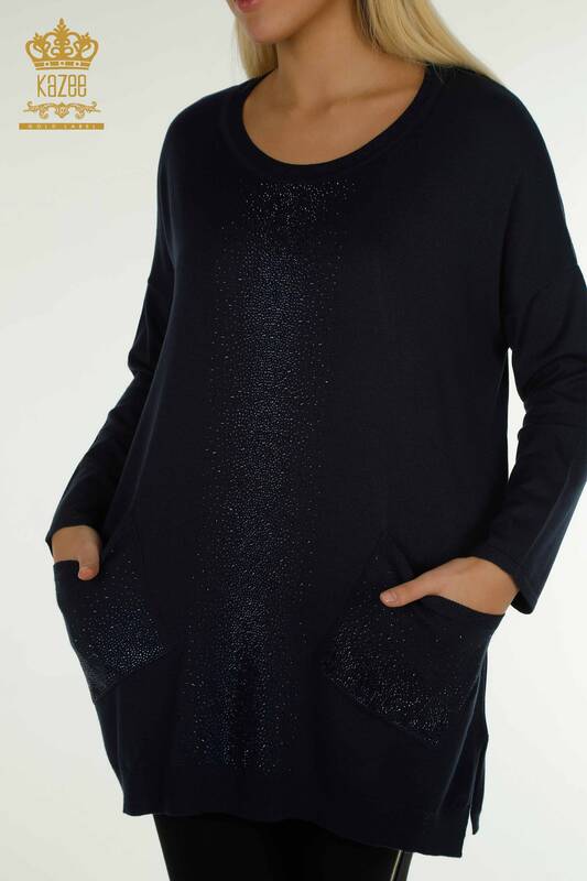 Pulover de tricotaje de damă cu ridicata - Cristal Brodat cu piatră - Bleumarin - 30602 | KAZEE