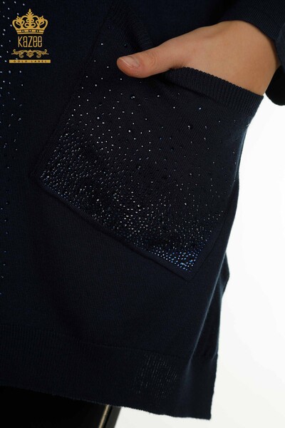 Pulover de tricotaje de damă cu ridicata - Cristal Brodat cu piatră - Bleumarin - 30602 | KAZEE - Thumbnail