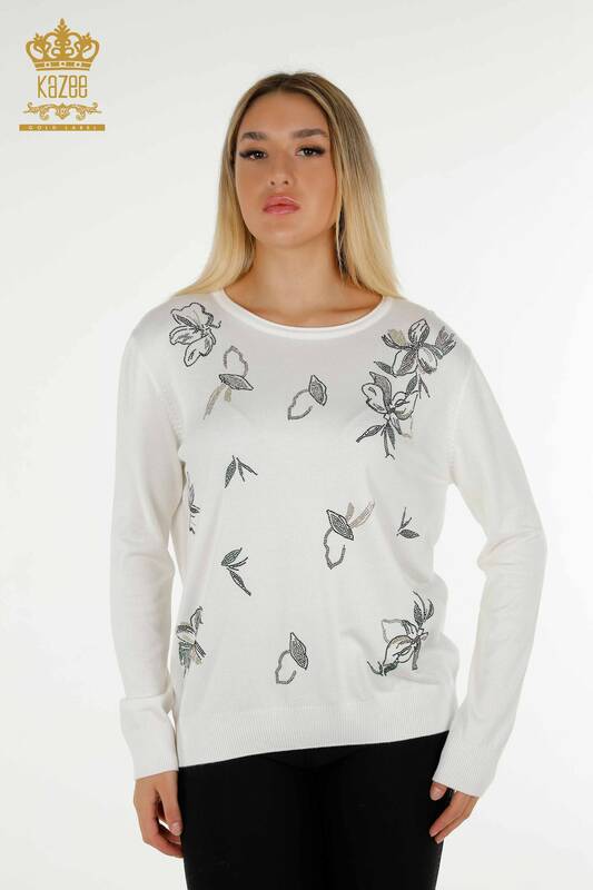 Pulover de tricotaje de damă cu ridicata - Cristal Brodat cu piatră - Ecru - 30467 | KAZEE