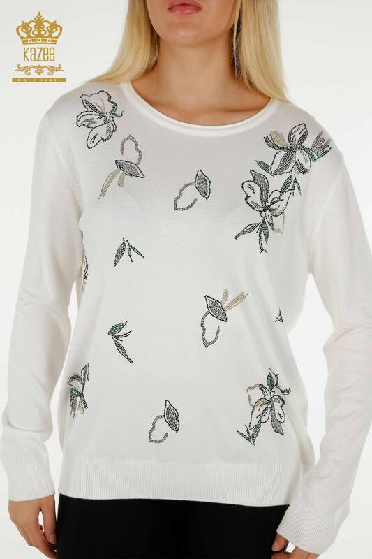 Pulover de tricotaje de damă cu ridicata - Cristal Brodat cu piatră - Ecru - 30467 | KAZEE