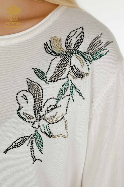 Pulover de tricotaje de damă cu ridicata - Cristal Brodat cu piatră - Ecru - 30467 | KAZEE - Thumbnail
