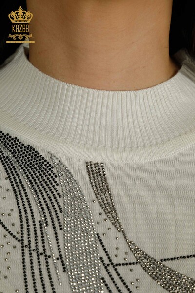 Pulover de tricotaje de damă cu ridicata - Cristal Brodat cu piatră - Ecru - 30469 | KAZEE - Thumbnail