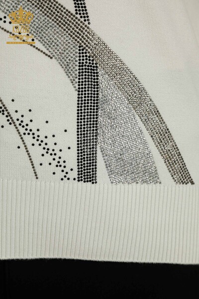 Pulover de tricotaje de damă cu ridicata - Cristal Brodat cu piatră - Ecru - 30469 | KAZEE - Thumbnail