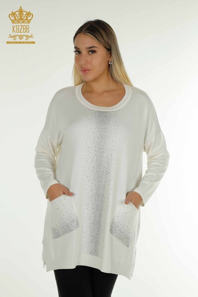 Pulover de tricotaje de damă cu ridicata - Cristal - Brodat cu piatră - Ecru - 30602 | KAZEE - Thumbnail