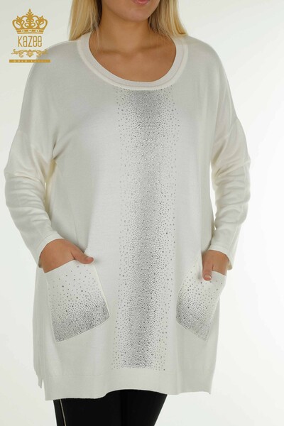 Pulover de tricotaje de damă cu ridicata - Cristal - Brodat cu piatră - Ecru - 30602 | KAZEE - Thumbnail