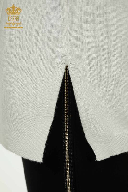 Pulover de tricotaje de damă cu ridicata - Cristal - Brodat cu piatră - Ecru - 30602 | KAZEE