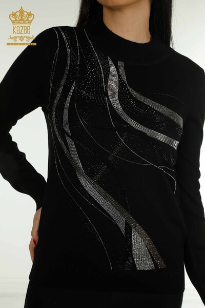Pulover de tricotaj pentru damă cu ridicata - Cristal Brodat cu piatră - Negru - 30469 | KAZEE - Thumbnail