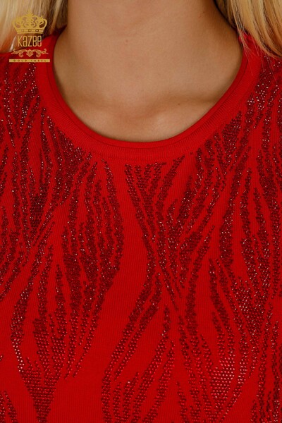Pulover de tricotaje pentru damă cu ridicata - Cristal Cu piatră Brodat - Roșu - 30332 | KAZEE - Thumbnail
