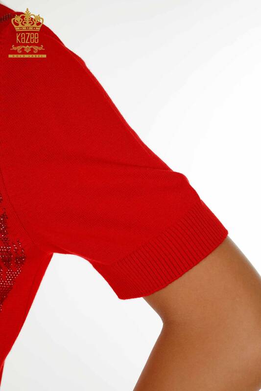 Pulover de tricotaje pentru damă cu ridicata - Cristal Cu piatră Brodat - Roșu - 30332 | KAZEE