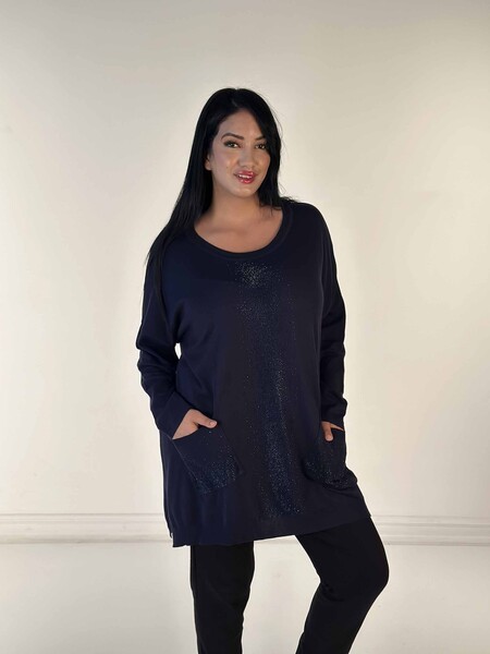 Pulover de tricotaje de damă cu ridicata cu detaliu de buzunar brodat cu piatră de cristal, bleumarin - 30602 | KAZEE - 2