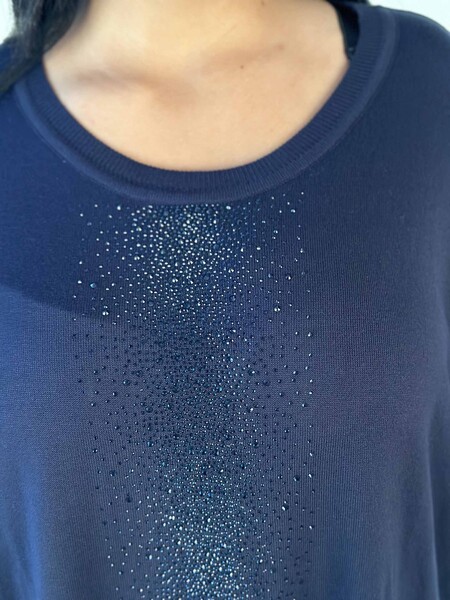 Pulover de tricotaje de damă cu ridicata cu detaliu de buzunar brodat cu piatră de cristal, bleumarin - 30602 | KAZEE - 4